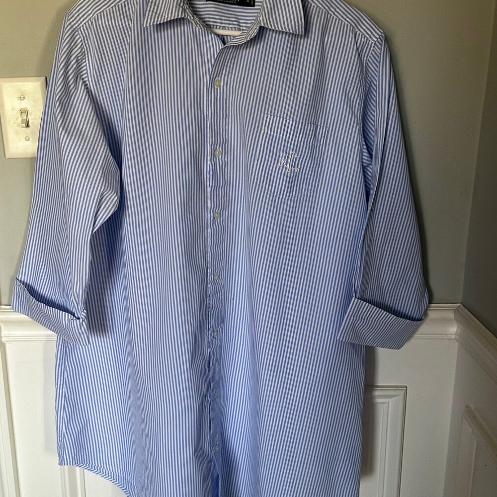 Ralph Lauren Women's Blue And White Striped Sleep Shirt With Logo Size XL